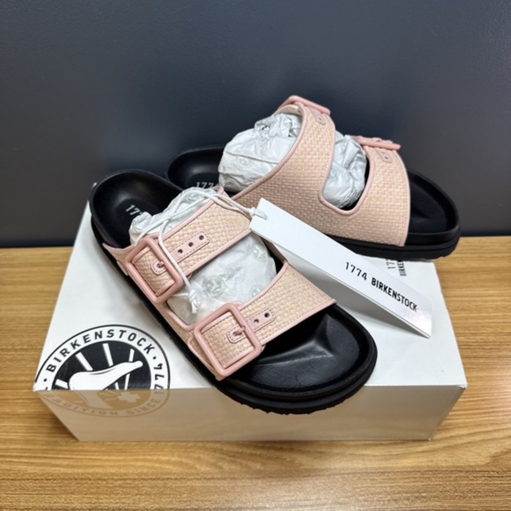 NWT Birkenstock 1774 Arizona Raffia Sandal‎ Shoes EU 38 Narrow Chintz Rose Pink